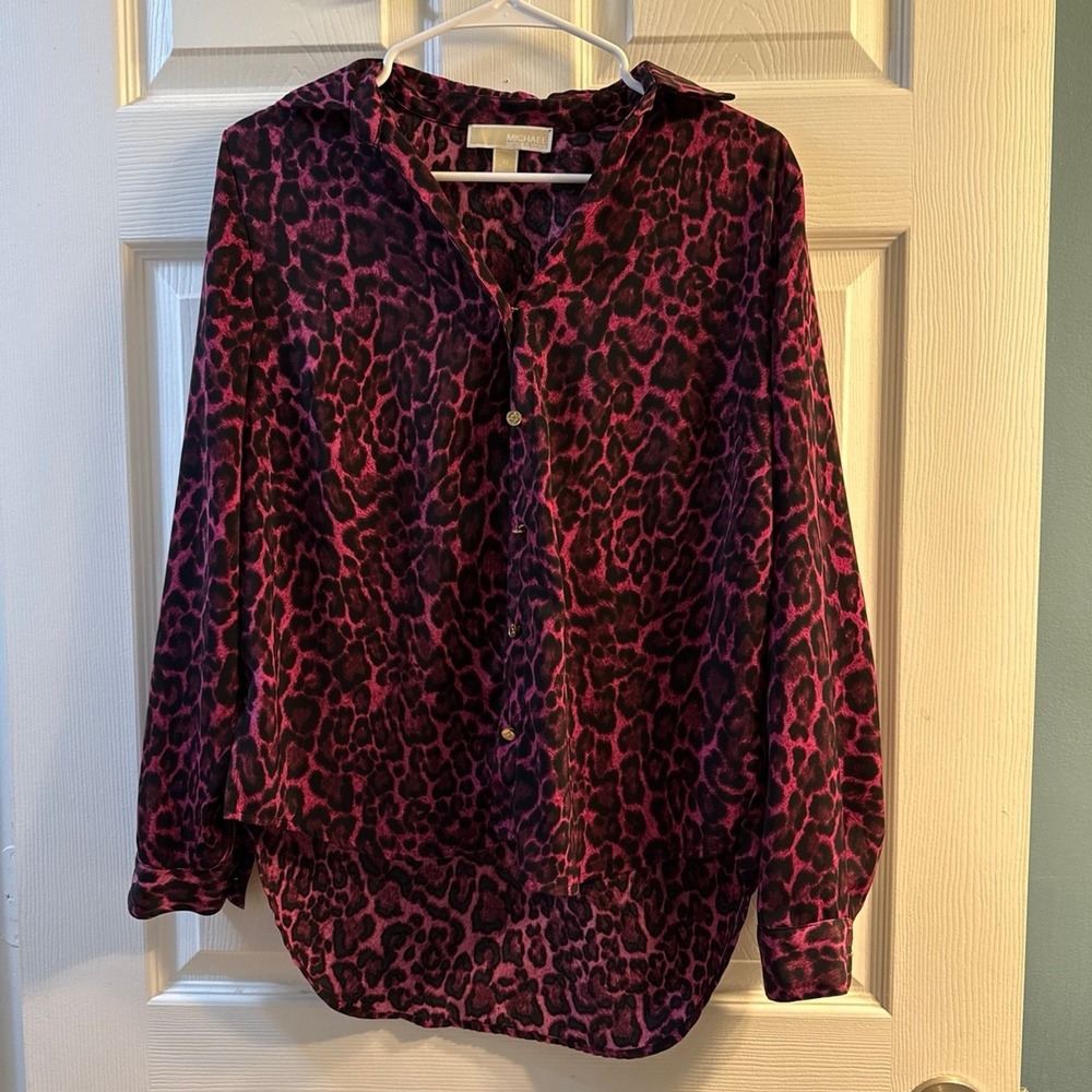 Michael Michael Kors Pink Leopard Print Button Down Blouse Long Sleeve Medium
